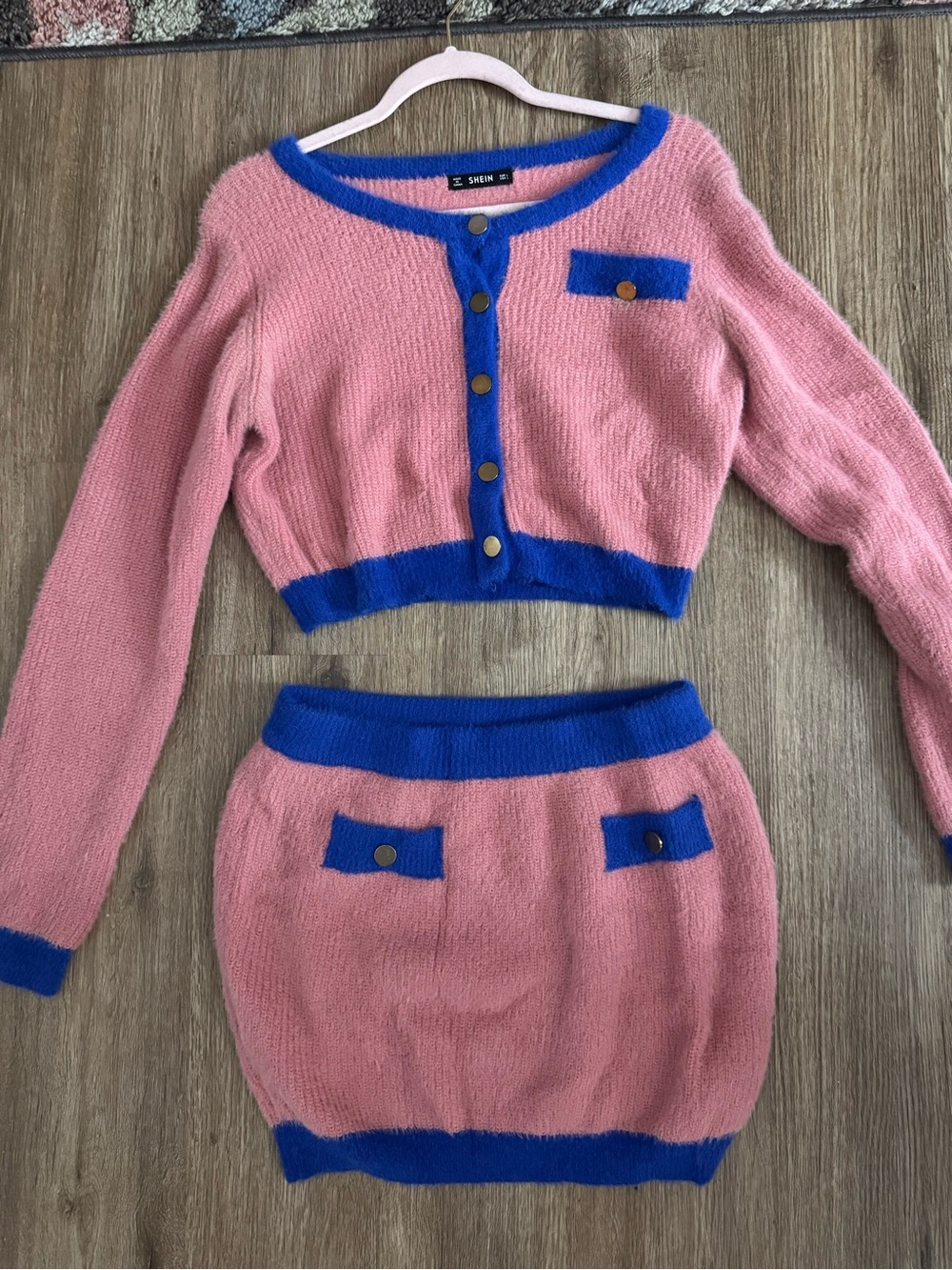 SHEIN Pink and Blue Knit Cropped Cardigan & Mini Skirt Set